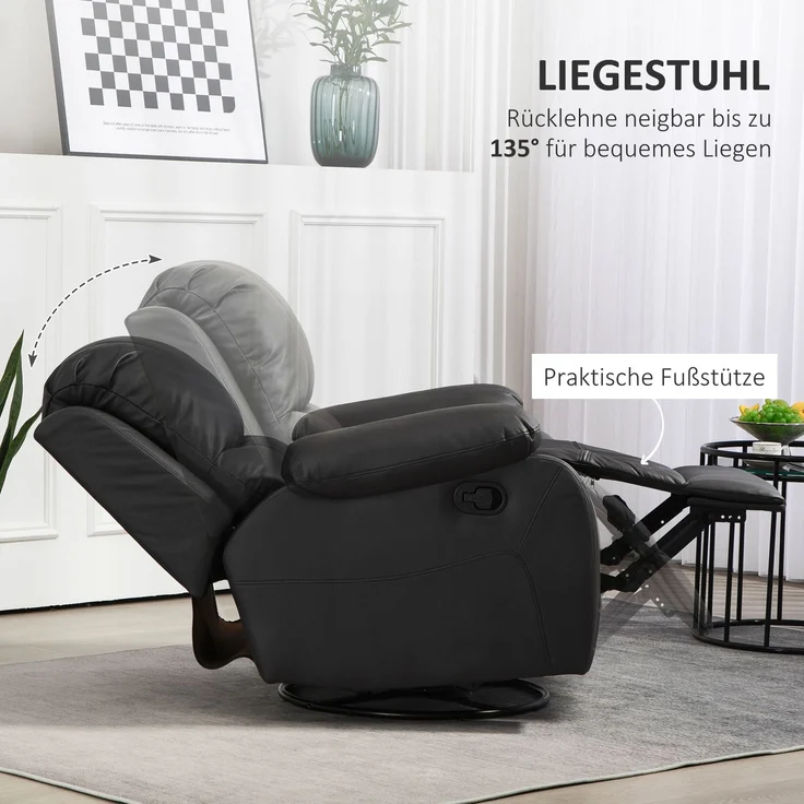 Wohnora-Relaxsessel, verstellbare Lehne & Fußstütze, drehbar, bis 150 kg, Stahlrahmen, 93x100x98cm, Schwarz,H 980cm x T 930cm x B 1000cm – Bild 5