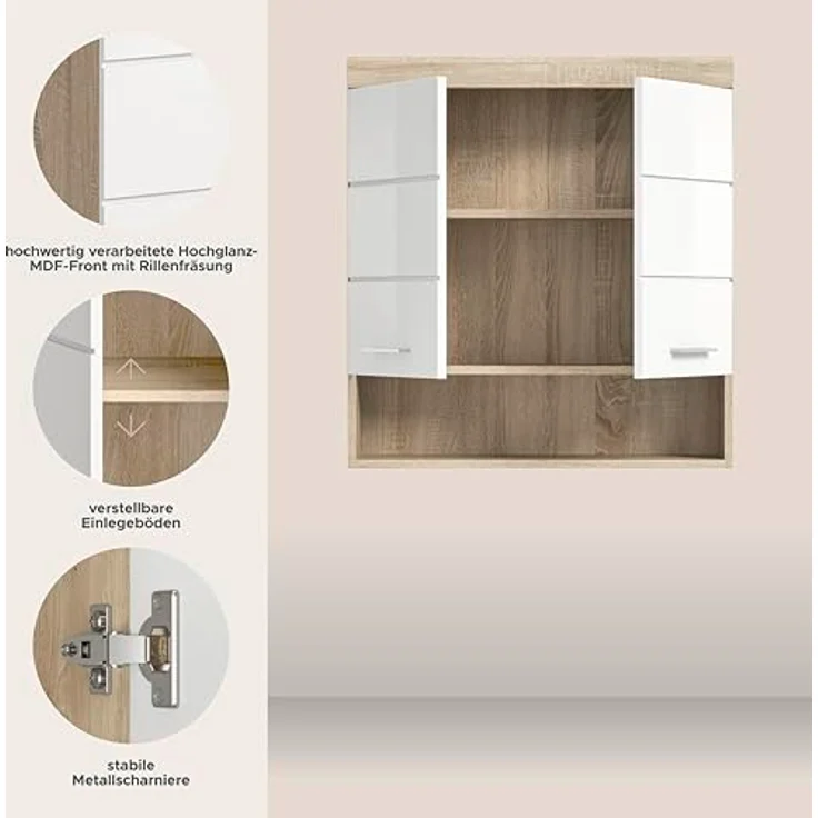 Xonox Lambada Hängeschrank (B/H/T: 74x79x24 cm) in weiß Hochglanz und Sonoma Eiche hell – Bild 6