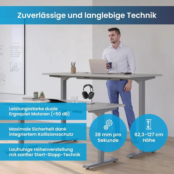 Desktopia Pro X - Elektrisch höhenverstellbarer Schreibtisch / Ergonomischer Tisch mit Memory-Funktion, Grau, Gestell Schwarz, 180x80 cm – Bild 7