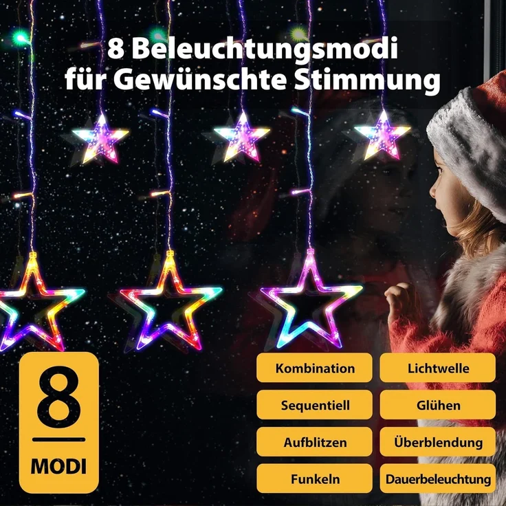 SALCAR 2m x 1m LED Lichtervorhang Fenster Weihnachten, 12er Sterne Lichterkette Innen Außen, Fensterbeleuchtung Hängend mit 8 Modi und Memory-Funktion, Bunt – Bild 2