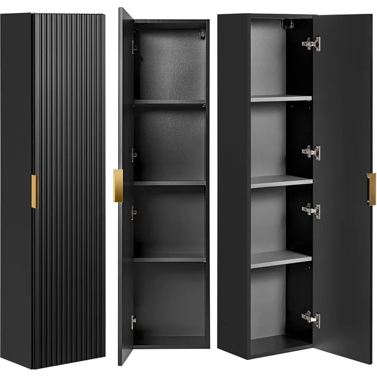 Badmöbel Hochschrank 1-türig ADELAIDE-56-BLACK in matt schwarz gerillt, B/H/T: 35/140/25 cm