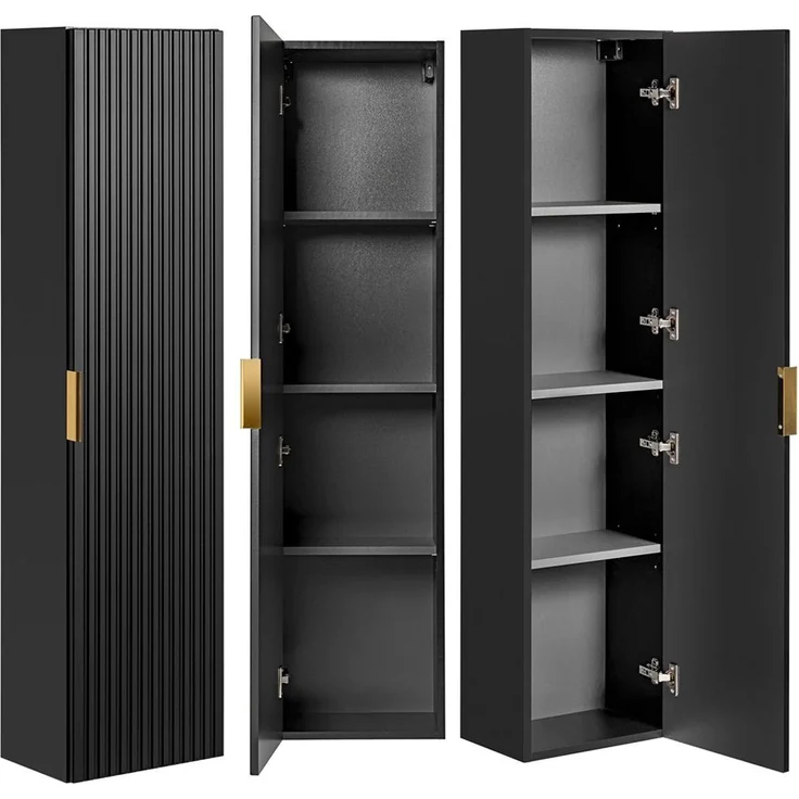 Badmöbel Hochschrank 1-türig ADELAIDE-56-BLACK in matt schwarz gerillt, B/H/T: 35/140/25 cm