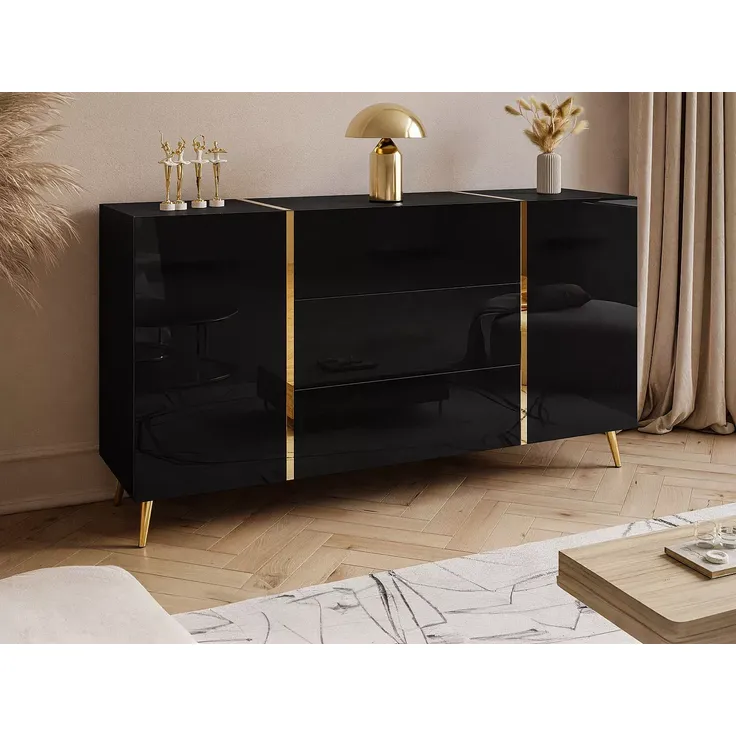 Vente-unique - MARZIALO Sideboard Holz, Platte SchwarzGoldfarben - B 41 cm x H 87,2 cm x L 158 cm