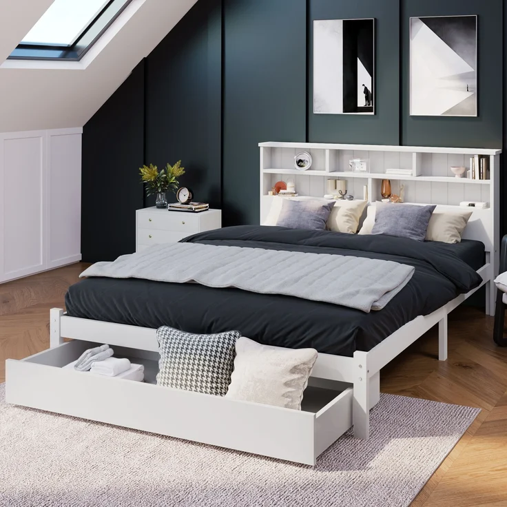 Massivholz-Bett mit Bücherregalkopfteil & Rollschubladen, 140x200 cm, Weiß, ohne Matratze – Bild 2