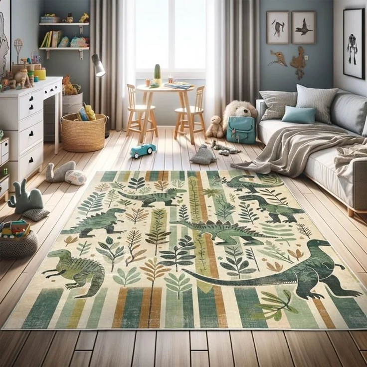 Abakuhaus Teppich Dekorativer Teppich für Wohnzimmer und Schlafzimmer, rechteckig, Dinosaurier Blätter Jurassic Tiere – Bild 3