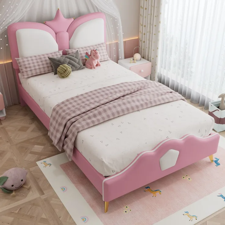 Merax Polsterbett, 90 x 200cm Einzelbett, Kinderbett, Kopfteil mit Kronenform, Weiche Antikollisions-Schwammkante und Kopfteil, Rosa+Weiß