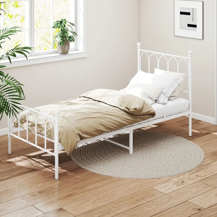 Einzelbett aus Metall mit Lattenrost, 27 cm Stauraum, 90x200 cm, Weiß – Bild 2