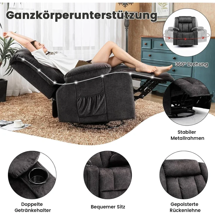 COMHOMA Manueller Drehbarer Relaxsessel für Erwachsene mit Verstellbarer Rückenlehne und Fußstütze, 360° Lounge Sessel für Wohnzimmer, Getränkehalter, Seitentaschen, Weicher Stoff, Ergonomisch, Grau – Bild 5