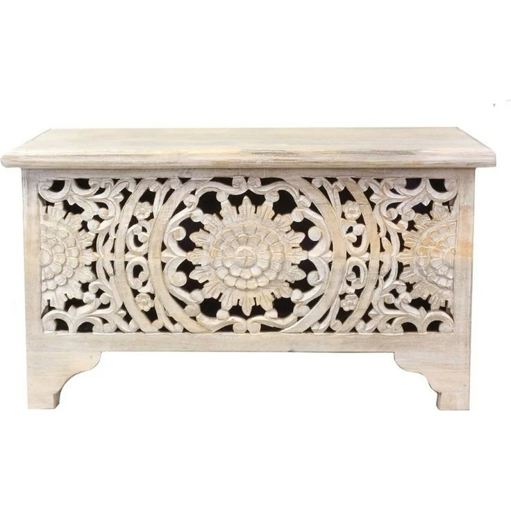Oriental Galerie Truhe Indische Truhe Schnitzerei weiß 80cm, Holztruhe, Couchtisch mit Fach, Truhentisch Wohnzimmer Holz – Bild 2