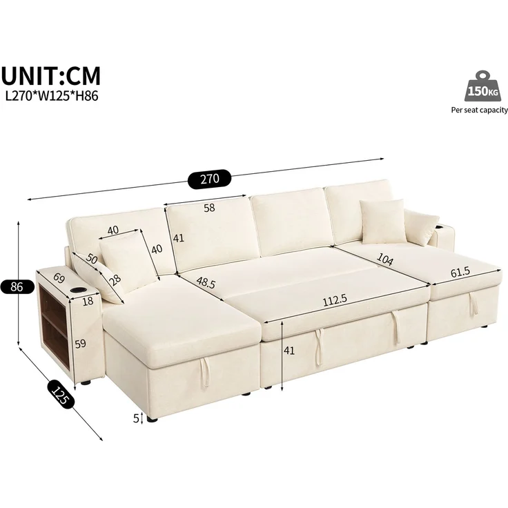 Merax U‑förmiges Ecksofa mit Schlaffunktion, ausziehbares Schlafsofa, integrierter Stauraum, doppelte Chaiselongue mit verstecktem Stauraum, Becherhalter, USB‑Ladeanschluss und Armlehnen‑Ablage, Beige – Bild 4