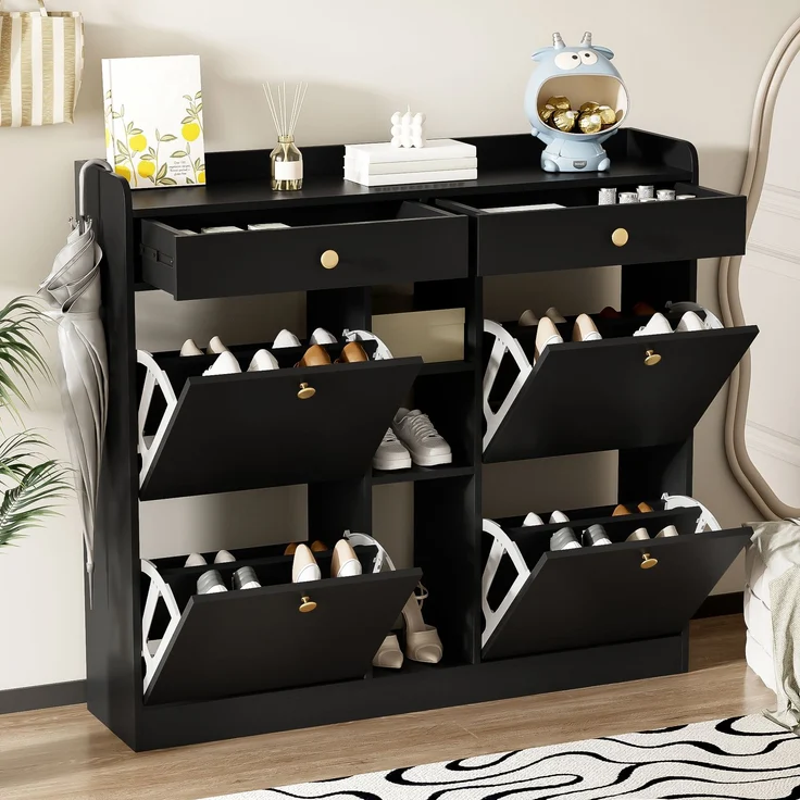 ZUBALIYA Schuhschrank (110 x 26 x 100 cm), 4 Klappfächer und 2 Schubladen, Offener Stauraum, Stauraum für Flur und Eingangsbereich, Schwarz – Bild 8