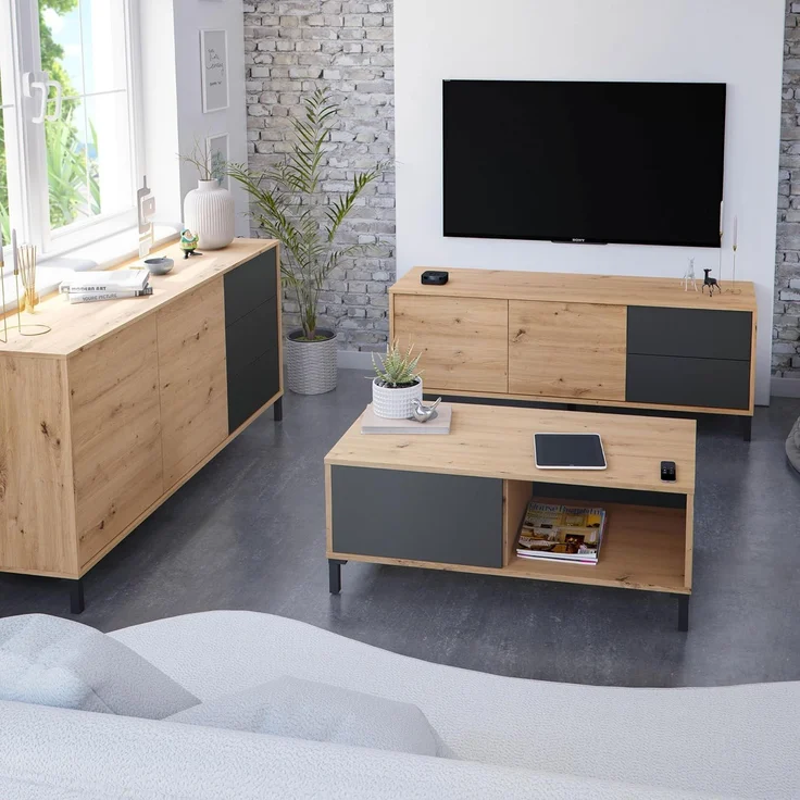 Habitdesign Couchtisch, Melamin Holz, Eiche Nodi und Anthrazit, Pequeña – Bild 2