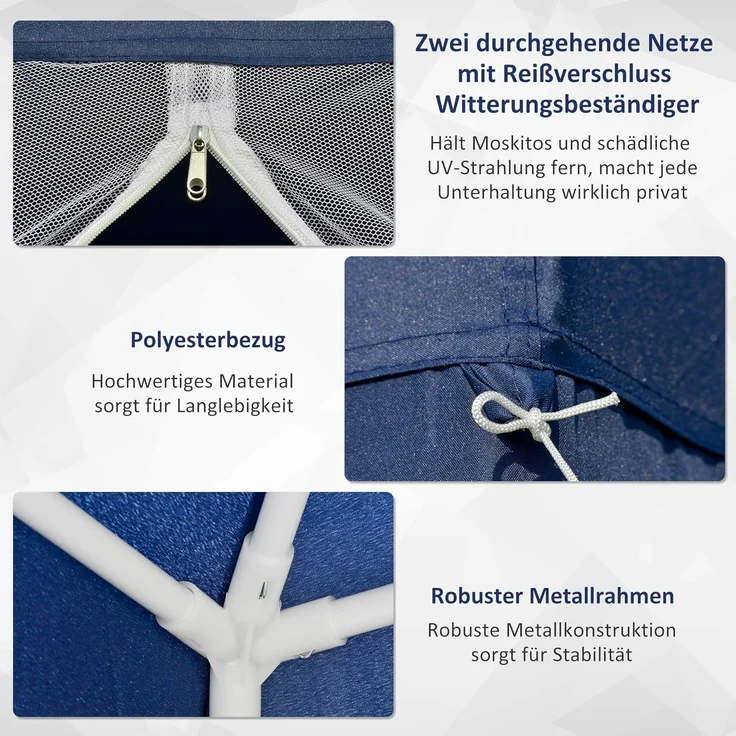 Outsunny Gartenpavillon Pavillon Festzelt Partyzelt wetterfest Zelt mit Moskitonetz Metall + Polyester Blau 3x3 m – Bild 4