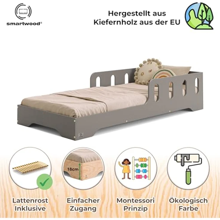smartwood Kinderbett 140x200 cm in Grau - Montessori Bodenbett mit Rausfallschutz & Lattenrost - Aus handbemaltem Sperrholz - Sicher für Jungen und Mädchen - Einfache Montage - TILA 6 – Bild 4