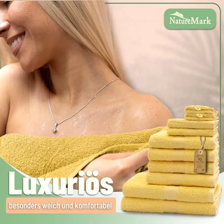 GREEN MARK Textilien 10 TLG. FROTTIER Handtuch-Set mit verschiedenen Größen 4X Handtücher, 2X Duschtücher, 2X Gästetücher, 2X Waschhandschuhe | Farbe: Gelb | Premium Qualität – Bild 8
