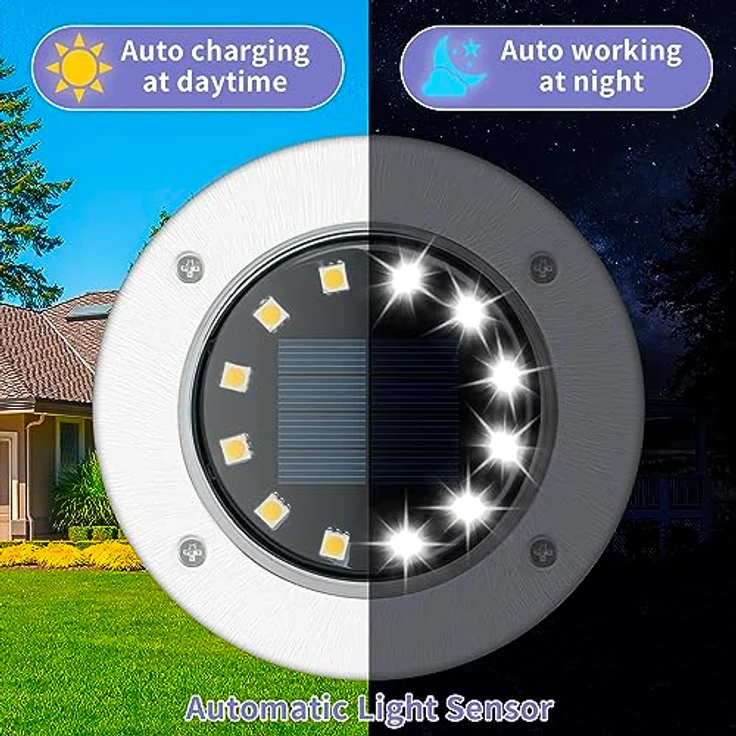 GIGALUMI Solar Bodenleuchte 12 LEDs 8 Stück Solarleuchten Weiß Gartenleuchten Edelstahl Wasserdicht für außen, Garten, Terrasse, Rasen, Hof, Gehweg – Bild 4