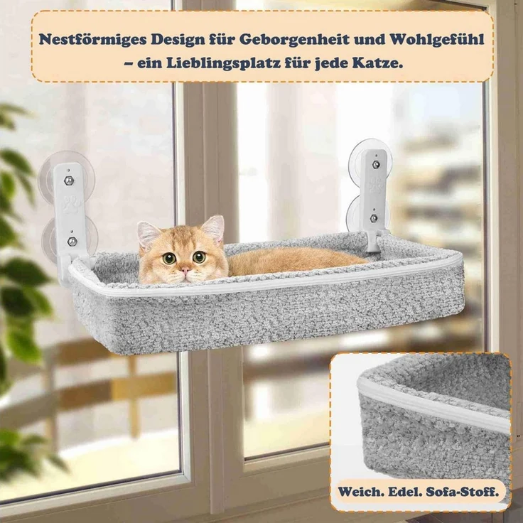 SURFOU Katzen-Hängematte Katzenfensterliege Katzen hängematte mit Saugnäpfen Fenster Katzenbett, 30*52*10cm, mit 4 stabilen Saugnäpfen. tragkraft bis 18 kg, abnehmbar – Bild 2