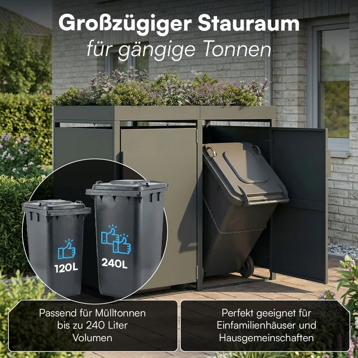 STEELSØN 'Thoria' Mülltonnenbox 2er je 240 Liter, anthrazit, Mülltonnenverkleidung aus Stahl, wetterfest, 125x80x134 cm, Müllbox mit Pflanzendach für 2 Tonnen – Bild 2