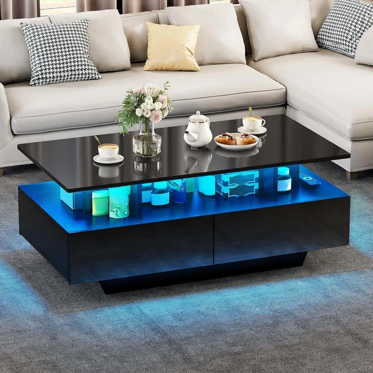YITAHOME Couchtisch Schwarz, Wohnzimmertisch Hochglanz mit 16-Farbiger LED Beleuchtung Modern, Beistelltisch Schwarz mit Offenem Ausstellungsregal und 4 Ausziehbaren Schubladen 90 x 55 x 41,1 cm