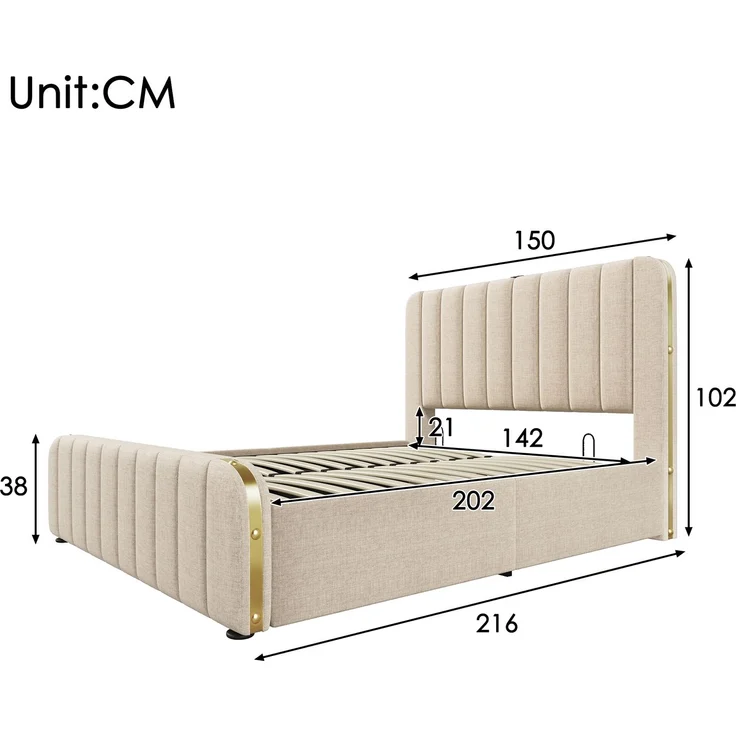Polsterbett 140x200 cm Beige mit Kopfteil,USB Typ-C Ladeanschluss & hydraulischem Stauraum,Metallrahmen mit goldenen Akzenten – Bild 9
