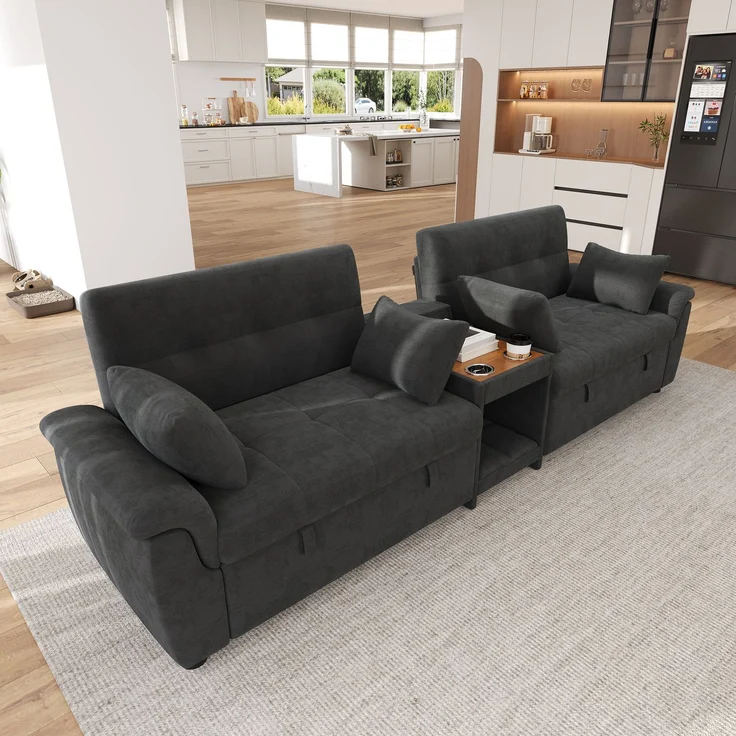 Wohnora-U-förmiges Schlafsofa, ausziehbar, Doppel-Schlafauszug, verstellbare Rückenlehne, Haustierbereich, Couchtisch mit 2 Becherhaltern, 4 Kissen, Chenille, Dunkelgrau, 284×138×89 cm,H 89cm x T 284cm x B 138cm – Bild 4
