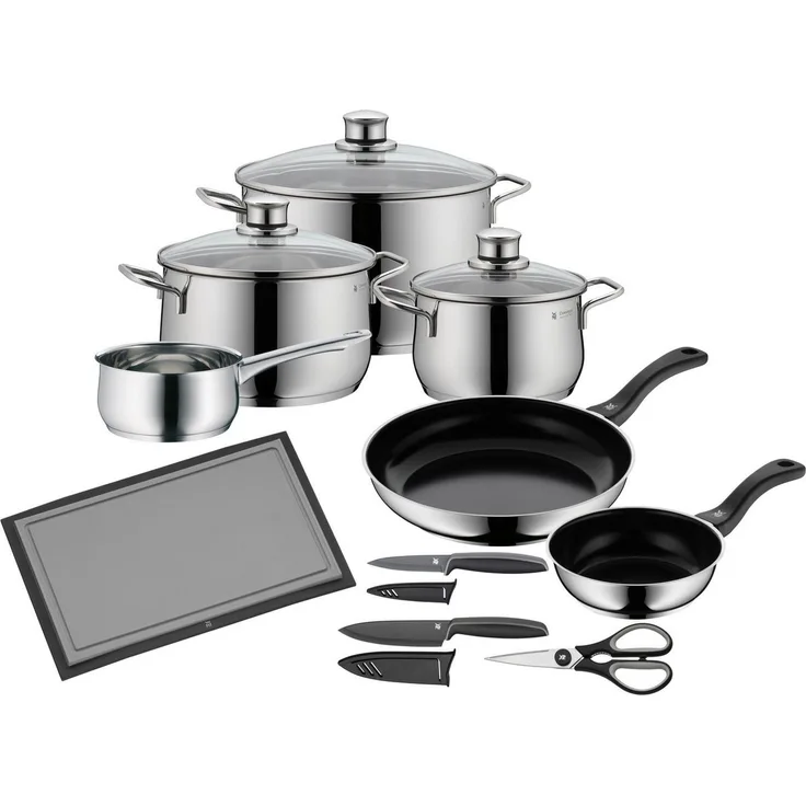 WMF Diadem Plus Topfset Induktion 10-teilig, Kochtopf Set mit Glasdeckel, Cromargan Edelstahl poliert, Induktions Töpfe Set unbeschichtet