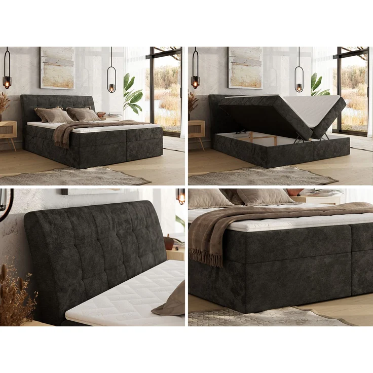 Boxspringbett DAGOS 180 x 200 cm mit Kopfteil, Lattenrost und Stauraum – Doppelbett mit Matratze & Topper Visco , stabile Konstruktion, Bettkasten, modernes Design - Dunkelgrau Schenille glatt - H4 – Bild 2
