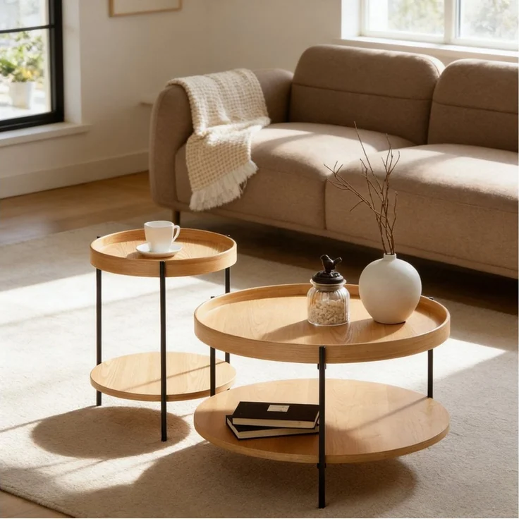 WILLIAMSPACE Couchtisch Meta Runder Couchtisch 2 Ebenen, MDF Echtholzfurnier & Echtholzrand – Bild 2
