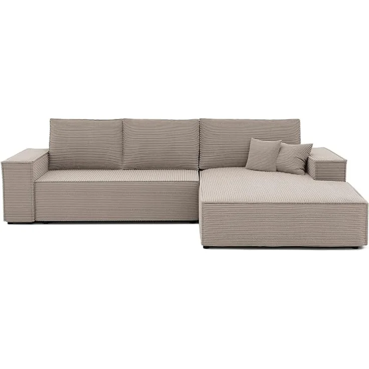 Ecksofa (Ausrichtung rechts) mit Schlaffunktion und Bettkasten, 294x185 cm, Kiefernholz & MDF, DL-Auszugsmechanismus, Kaffeefarben
