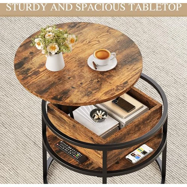 YITAHOME Couchtisch Rund mit Hebeplatte, Wohnzimmertisch mit Stauraum 60 x 60 x 47 cm, Couchtisch rund mit Stauraum für Home Office, Couchtisch Höhenverstellbar Couch Tisch Wohnzimmer – Bild 5