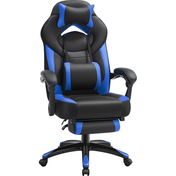 Songmics Gamingstuhl mit Fußstütze, ergonomisches Design, verstellbare Kopfstütze, Lendenstütze, bis zu 150 kg belastbar, Schwarz-Blau