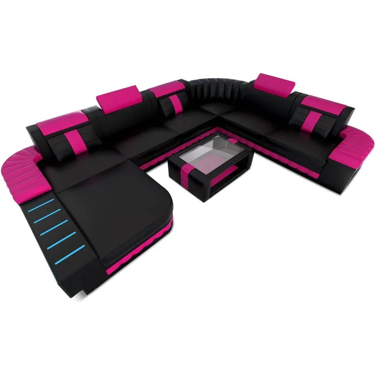 XXL Leder Wohnlandschaft Bellagio mit LED - Ledermix - schwarz-pink - Links