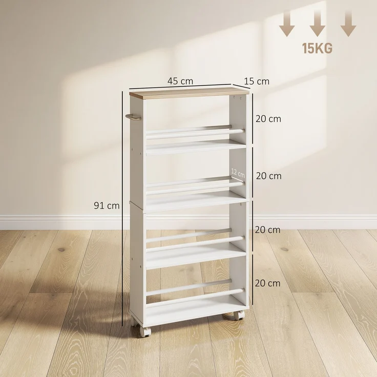 Multifunktionsregal mit Rollen, schmale Bauweise, 4 Fächer, 45x15x91 cm, Natur--Naturholz--45x15x91cm--YOUDENOVA – Bild 5