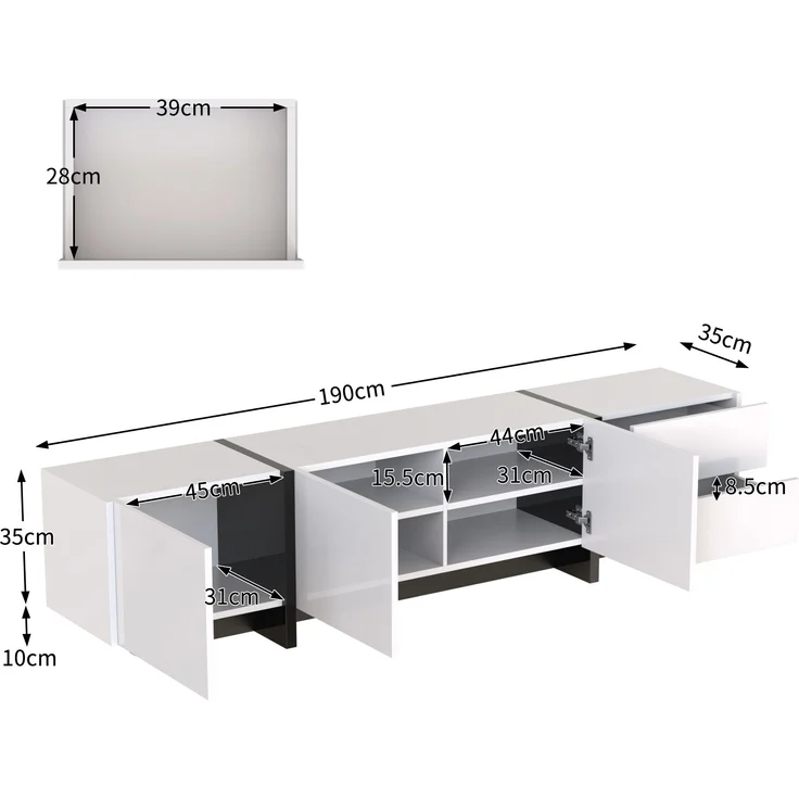 TV-Schrank 190x45x35 cm in Hochglanz Weiß und Schwarz mit Türen und Schubladen – Bild 6
