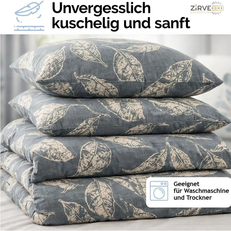 ZIRVEHOME Bettwäsche Baumwolle Bettbezug Graublau Beige Elegantes Blattmuster, Arina V1, Renforce, 2 teilig, 155x220 Baumwolle Natur-Design Graublau, Beige Blattmuster – Bild 3