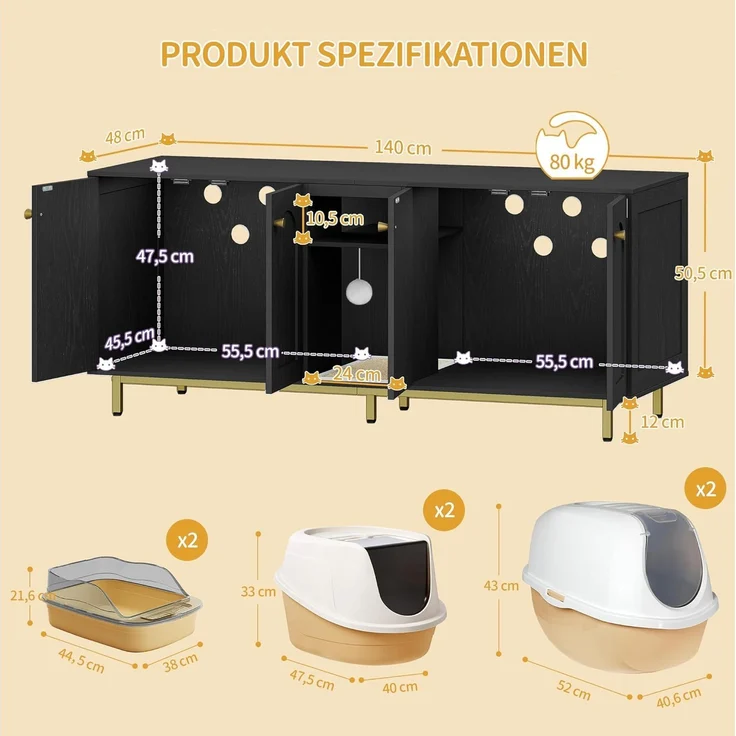 Katzenschrank für 2 Katzen, Katzenklo Schrank, Katzenhaus Versteckt mit Doppelräumen, Mit Stauraum, Plüschbälle, Kann als Fernsehschrank, 140 x 48 x 62 cm, Schwarz und Gold – Bild 9