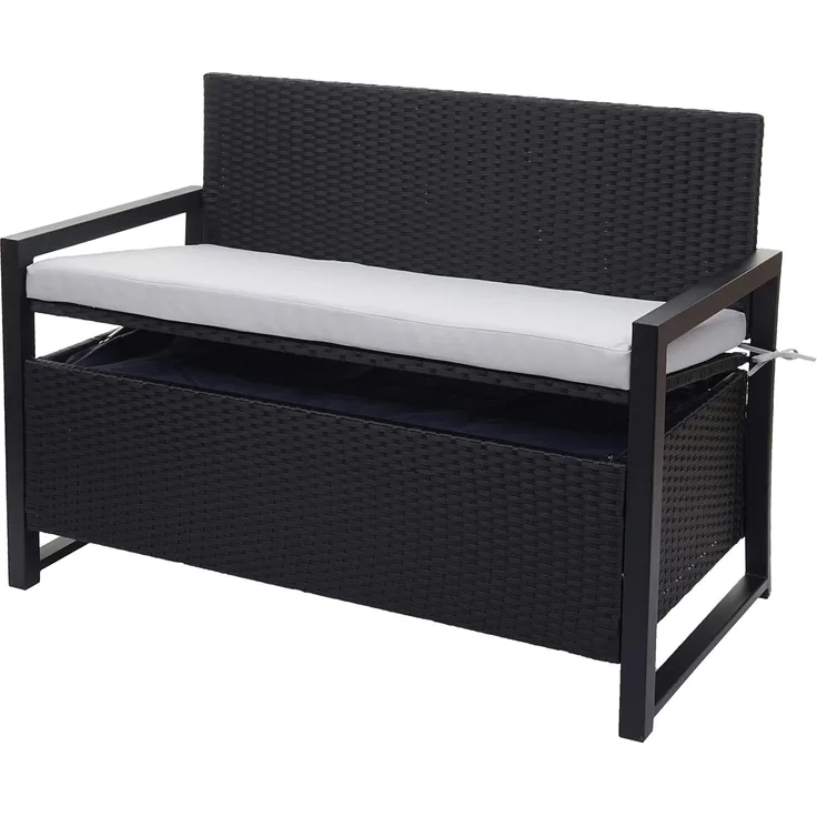 Poly-Rattan 2er Sitzbank HWC-F39, Gartenbank Truhenbank, Staufach Aufbewahrung Sitzkissen ~ anthrazit, Kissen grau