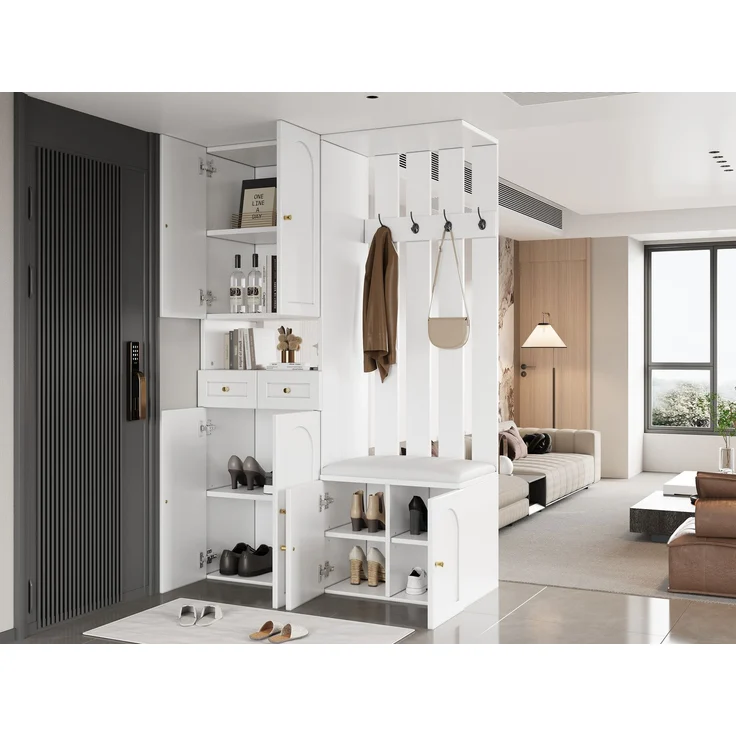 Garderobenset , Wandgarderobe; Garderoben Set mit Schuhbank und schuhrank ,4 Haken, 6 Türen, 2 Schublade, Weiß Flurmöbel (B110×H180×T37cm) – Bild 5