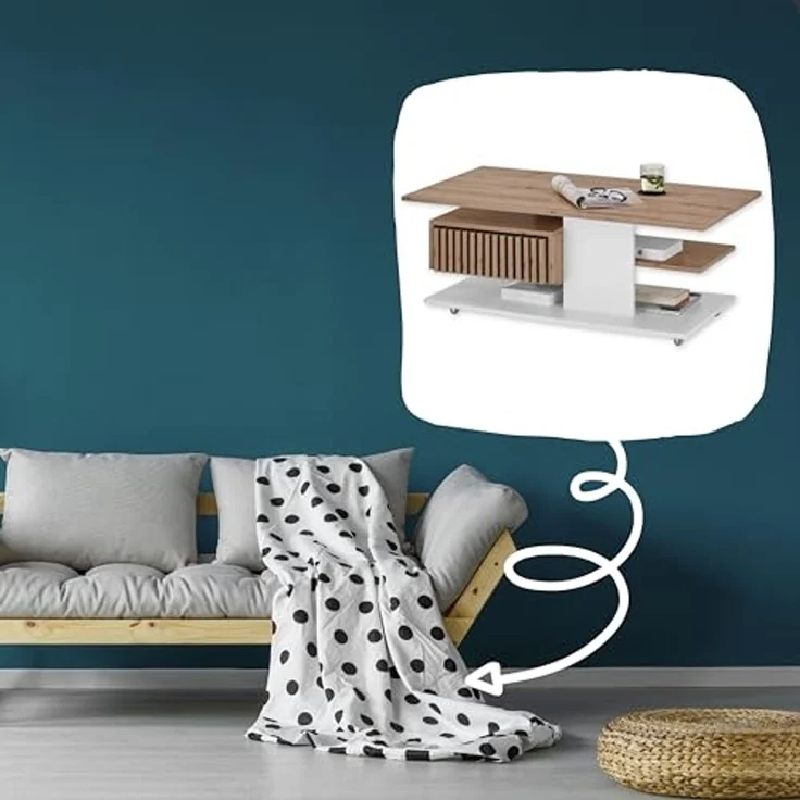 Stella Trading Ally Couchtisch auf Rollen in Artisan Eiche Optik, Weiß - Mobiler Sofatisch mit Schublade für Ihr Wohnzimmer - 110 x 44,5 x 60 cm (B/H/T) – Bild 3