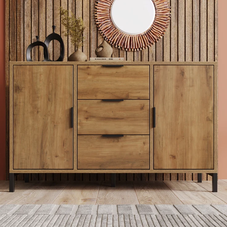 Kommode Spanplatte mit Metallbeinen, 2 Türen & 3 Schubladen, 120x40x76 cm, Dunkleiche – Bild 2