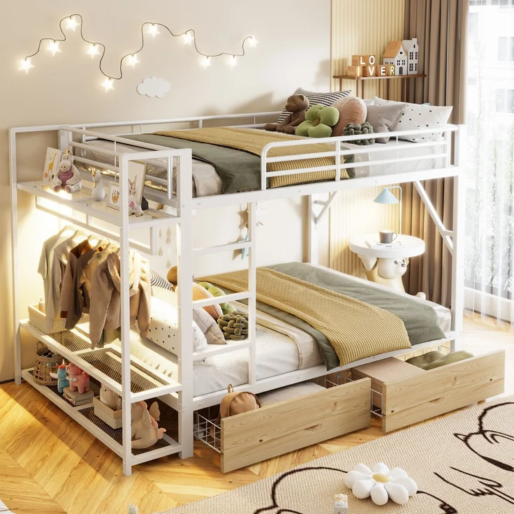 EINHOM Etagenbett, 140 x 200 cm, Eisenrahmen, 2 Schubladen, Mehrere Ablageflächen, mit LED-Lichtleiste, mit Kleiderstange, Matratze Nicht im Lieferumfang Enthalten, Weiß (Ohne Matratze) – Bild 3