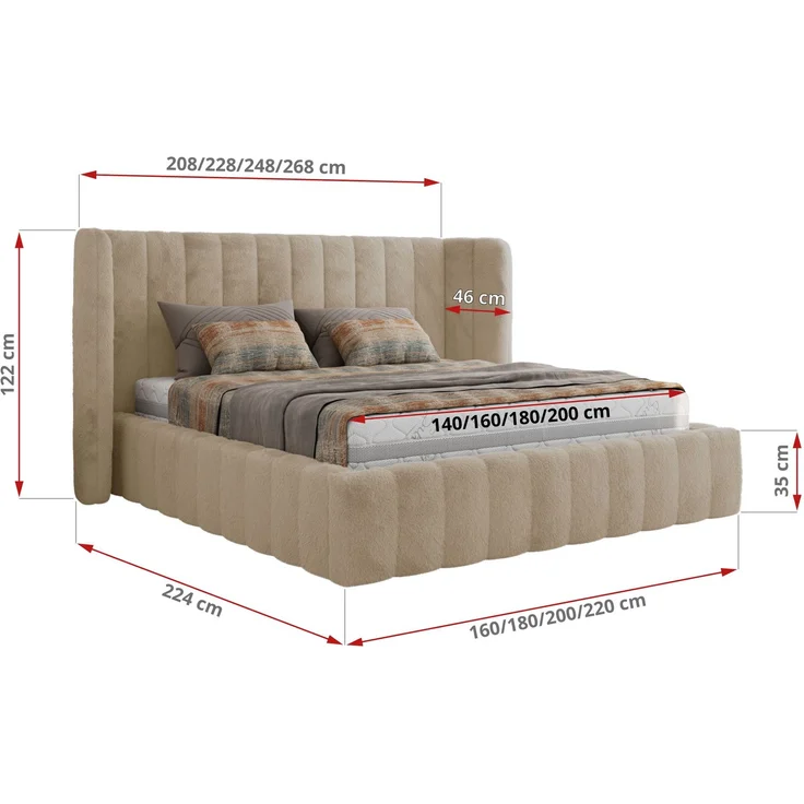 Polsterbett GOLETTA CLASSIC 200 x 200 cm mit gepolstertem Kopfteil, stabilem Bettrahmen, Lattenrost und Bettkasten mit Gasdruckfedern, Doppelbett, zeitloses Design - Creme Plüsch – Bild 6