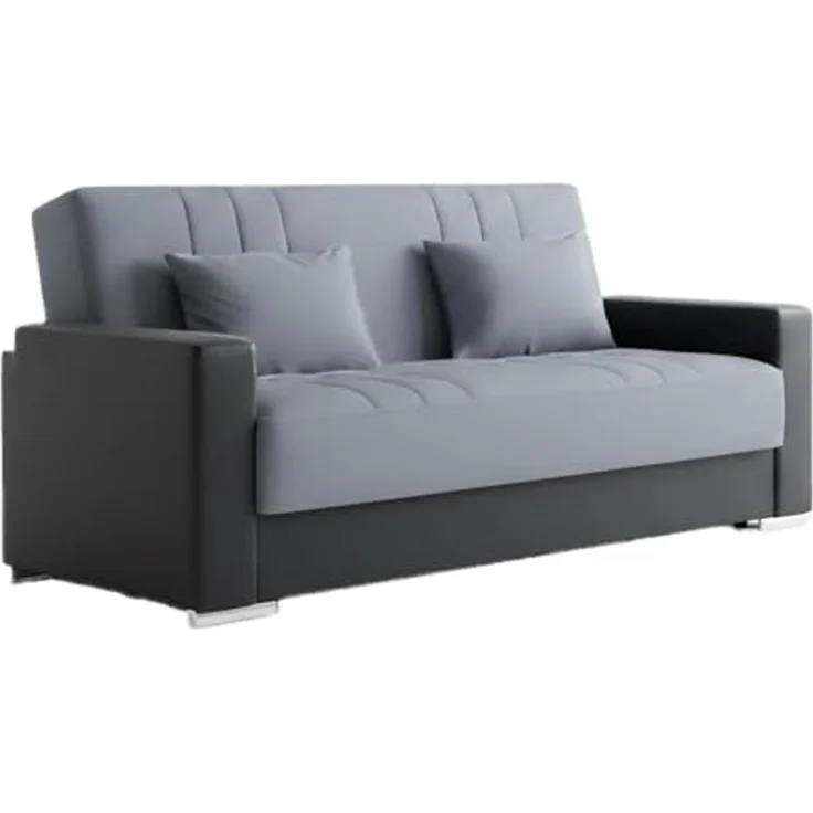 Dmora - 3-Sitzer Schlafsofa Sergio, Sofa mit Stauraum aus Öko-Leder und Stoff, Sofa mit Klick-Klack-Öffnung und 2 Kissen, 230 x 96 x 101 cm, Schwarz und Grau – Bild 2