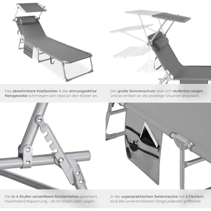 tectake® Sonnenliege klappbar, tragbar, Liege mit Seitentasche, Strandliege, Gartenliege mit Dach, Liegestuhl mit Verstellbarer Rückenlehne, inkl. Kopfkissen - für Balkon, Terrasse, Camping - grau – Bild 7