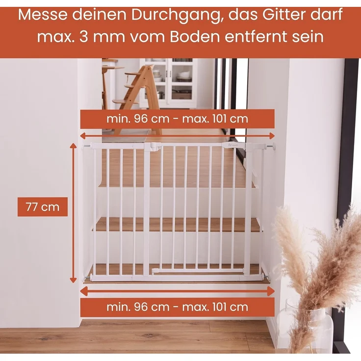 Hauck Treppenschutzgitter Türschutzgitter Open N Stop 2 inkl. 21 cm Verlängerung für Breiten 96-101 cm, ohne Bohren, Einhändiges Beidseitiges Öffnen, Manueller Schließmechanismus, Metall (White) – Bild 3