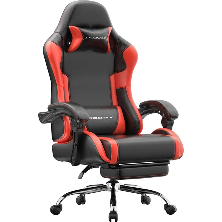 Dowinx Gaming Stuhl Bürostuhl Massage Gaming Sessel mit höhenverstellbaren Linkage-Armlehnen, ergonomischer Gamer Stuhl mit Fußstütze, gepolstert Gaming Chair 150° neigbar bis 180 kg, Rot