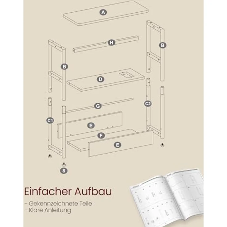Vasagle Beistelltisch schmal, Nachttisch mit Ladefunktion, Couchtisch klein, 3 Ablagen, Zeitschriftenhalter, für Wohnzimmer, Schlafzimmer, Arbeitszimmer, vintagebraun-tintenschwarz LET335K02 – Bild 9