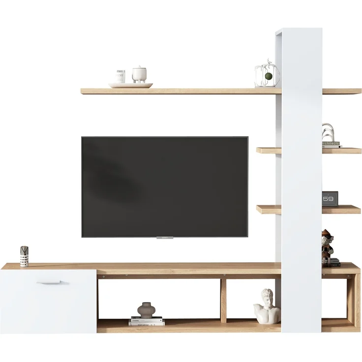 DESVIAE TV-Schrank-Set mit 3 Wandregalen und Stauraum, 180x151,5x33,5 cm, Spanplatte, Weiß und Holzfarben – Bild 7