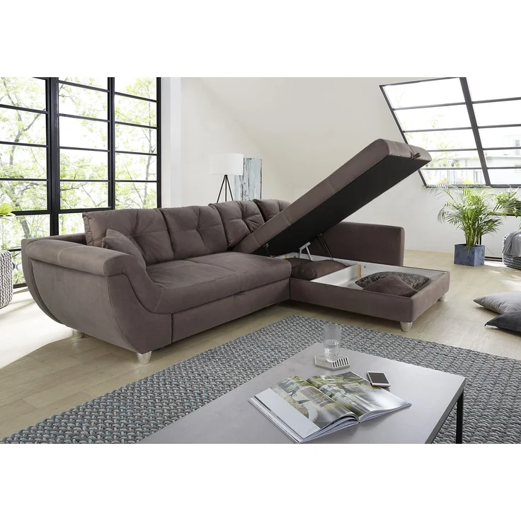Ecksofa groß mit Rutschen-Armlehne Schlaffunktion Bettkasten Couch in Braun – Bild 4