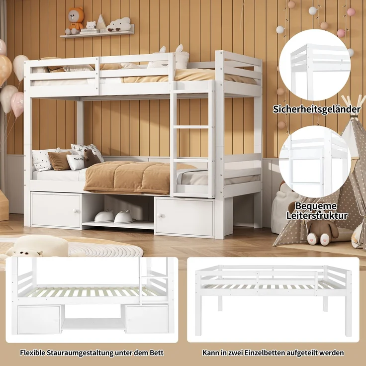 Kinder Etagenbett 2-in-1 mit Schuhregalen & Schließfächern, teilbar zu 2 Einzelbetten, weiß, Kinderzimmermöbel – Bild 8